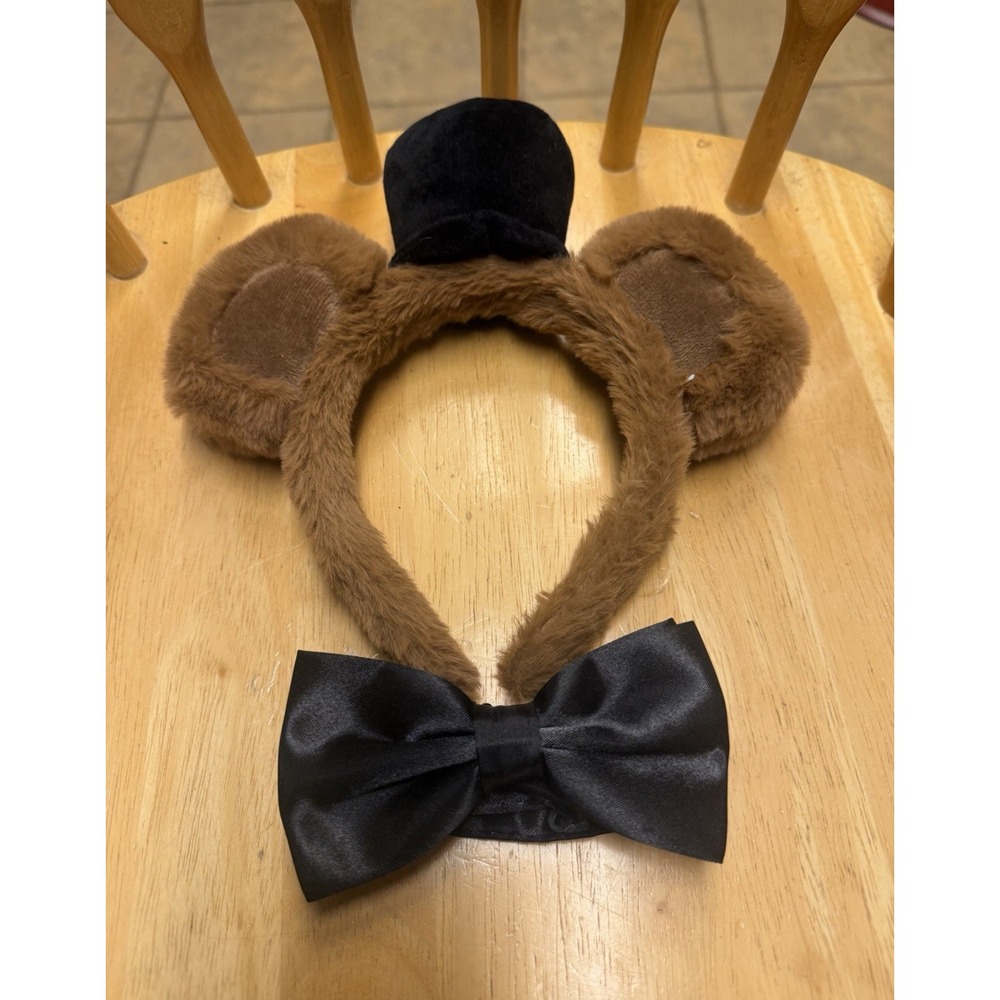 Animal bear Brown Plush Ears Headband w/ Black Top Hat & Black Bow Tie, One Size